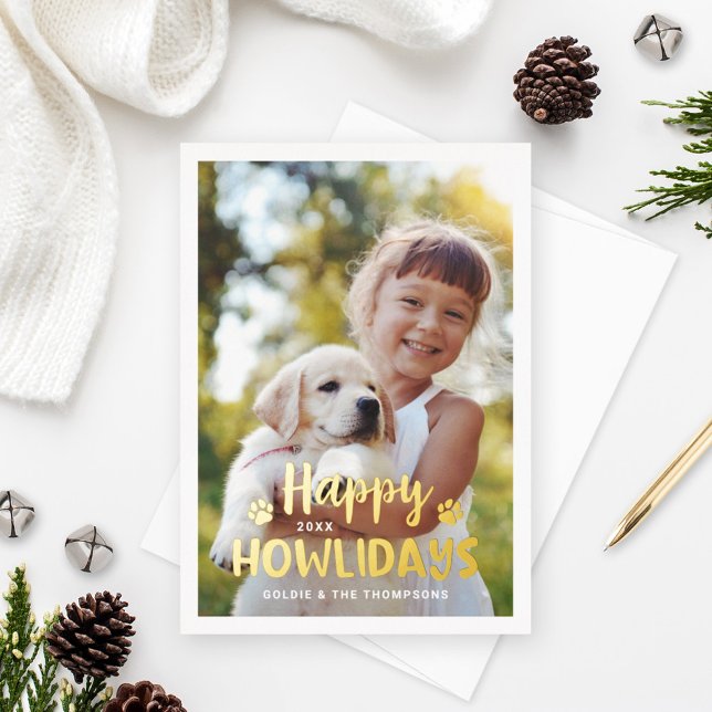 Happy Howlidays Modern Gold Puppy Dog Photo Foil Holiday Card (Creator Uploaded)