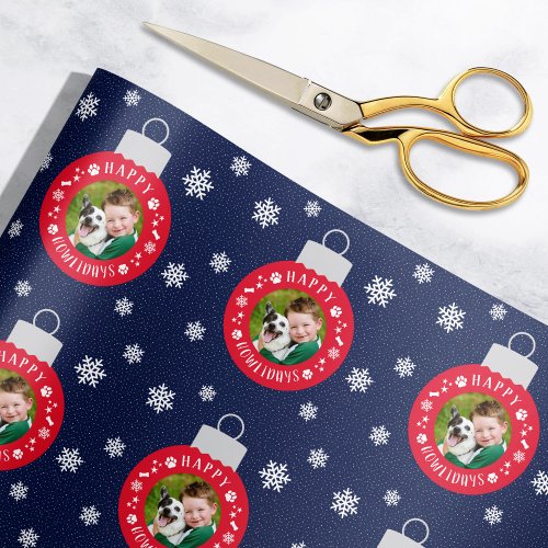 Happy Howlidays Navy and Red Custom Dog Photo Wrapping Paper
