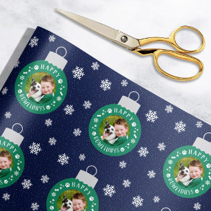 Happy Howlidays Navy Green Dog Photo Christmas Wrapping Paper