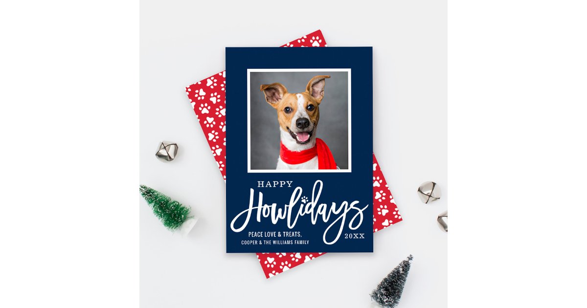 Happy Howlidays Navy Paw Print Pet Photo Holiday Card | Zazzle