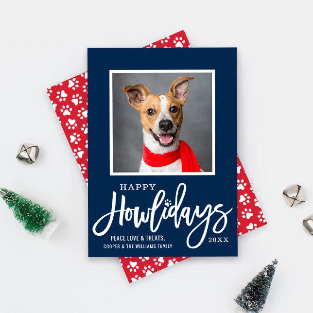 Happy Howlidays Navy Paw Print Pet Photo Holiday Card (Creator Uploaded)
