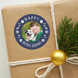 Happy Howlidays Navy Pet Dog Photo Classic Round Sticker<br><div class="desc">Holiday stickers feature a round photo of your favorite puppy dog with festive navy blue "Happy Howlidays" frame that includes white modern text,  paw prints,  stars,  snowflakes,  and dog bone accents. The navy background color can be customized. These stickers work well as Christmas card envelope seals!</div>