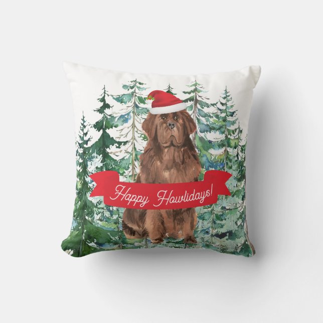 Happy Howlidays Newfoundland Dog Christmas Throw Pillow (Front)
