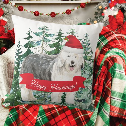 Happy Howlidays Old English Sheepdog Throw Pillow