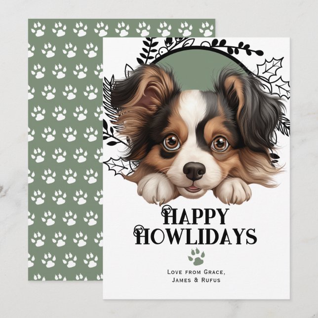 Happy Howlidays Papillon Dog Christmas Holiday Card (Front/Back)
