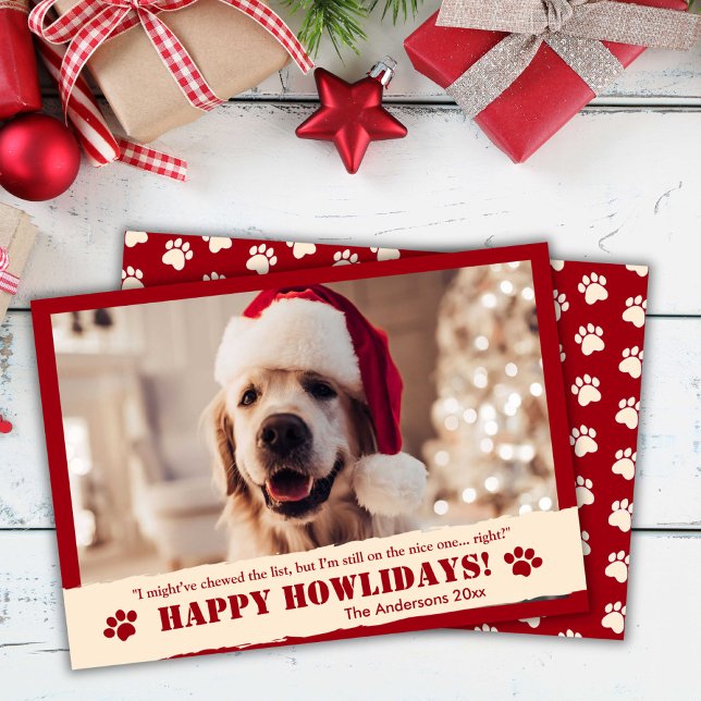 "Happy Howlidays" Paw Print red Christmas Holiday Card (Front/Back )