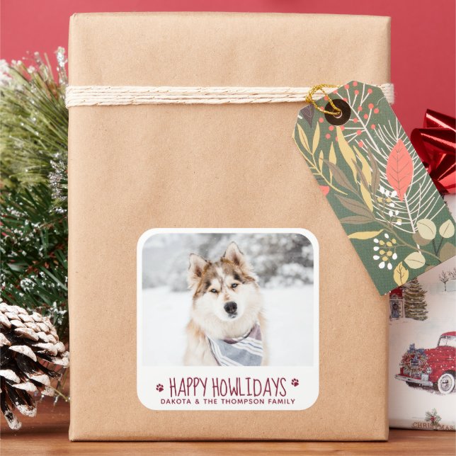 Happy HOWLidays Personalized Pet Photo Square Sticker (Holiday)