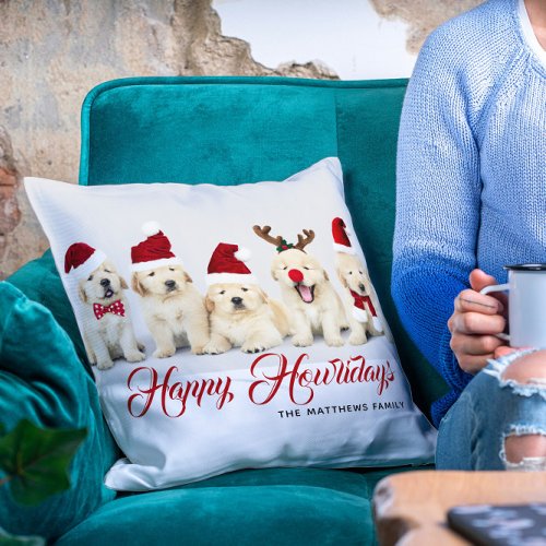 Happy Howlidays Pet Dog Holiday Photo  Christmas Throw Pillow