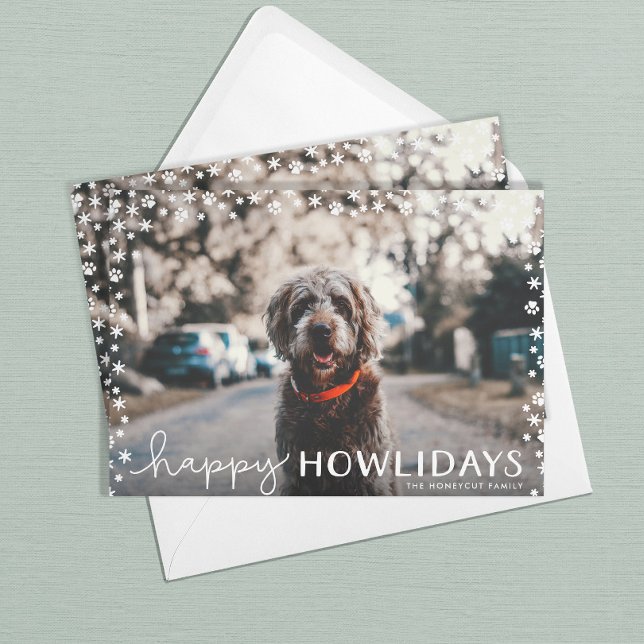 Happy Howlidays Pet Lover Holiday Photo Card (Happy Holidays pet holiday card with snowflake and paw print border)