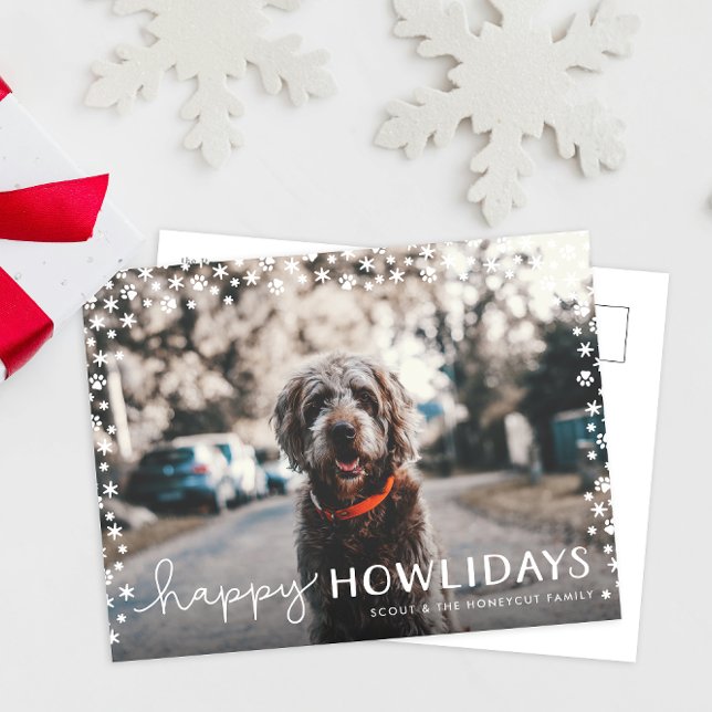 Happy Howlidays Pet Lover Holiday Photo Postcard (paw print snowflakes happy howlidays funny cute pet dog Christmas card postcard)