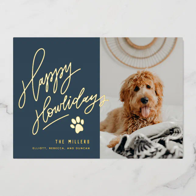 A navy pet photo holiday card with a gold paw print.