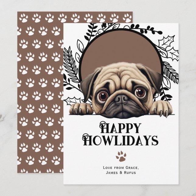Happy Howlidays Pug Dog Christmas Holiday Card (Front/Back)