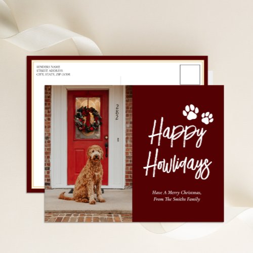 Happy Howlidays Red Calligraphy Pet Photo Holiday Postcard