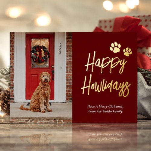 Happy Howlidays Red Gold Calligraphy Pet Photo Foil Holiday Card