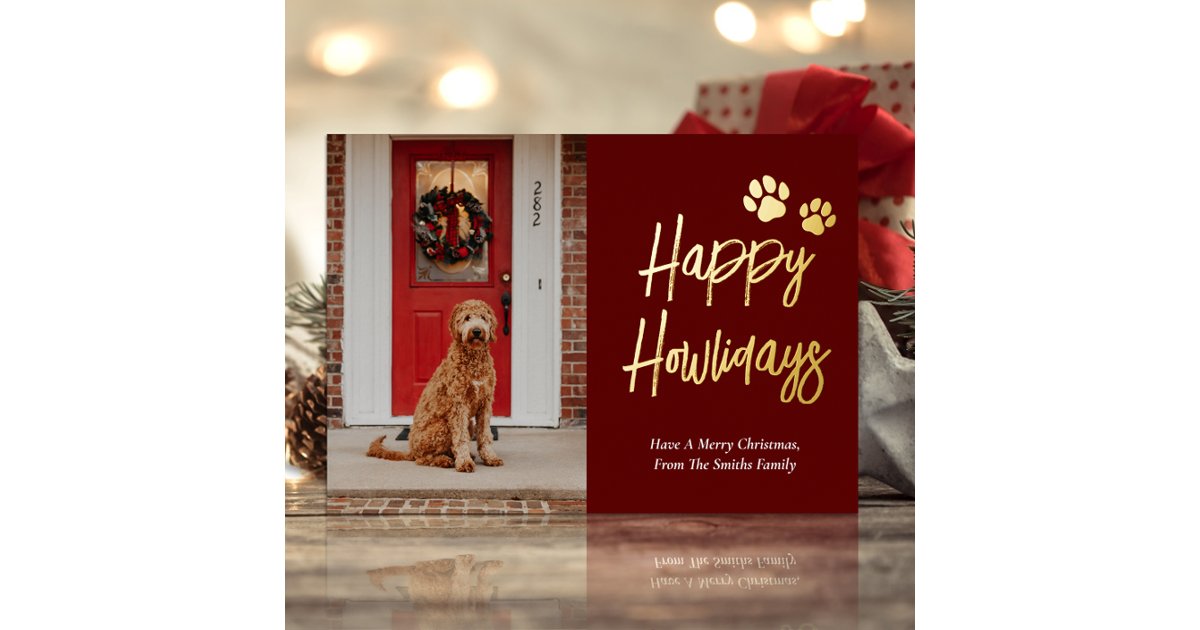 Happy Howlidays Red Gold Calligraphy Pet Photo Foil Holiday Card | Zazzle