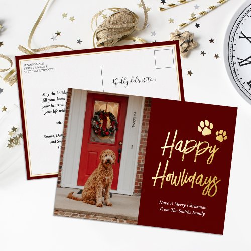Happy Howlidays Red Gold Calligraphy Pet Photo Foil Holiday Postcard