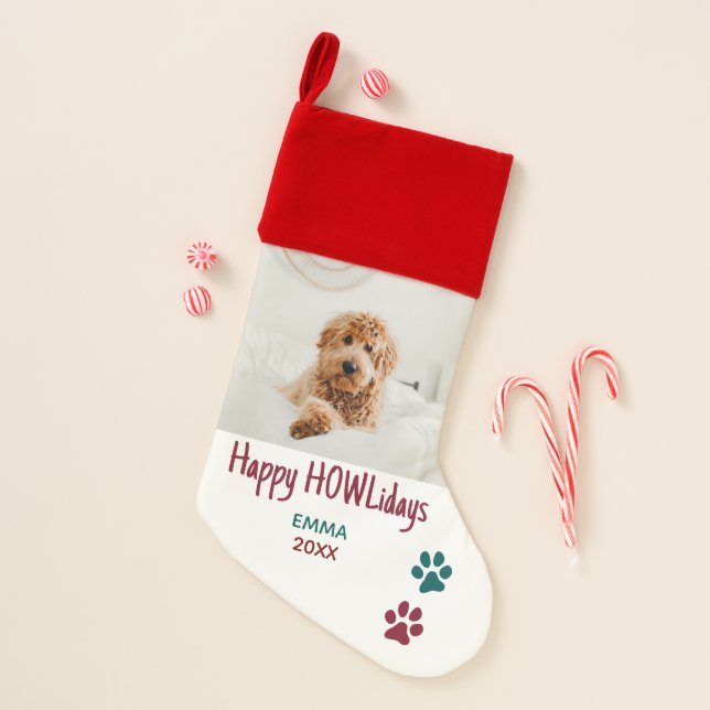 Happy HOWLidays Red Green Christmas Pet Photo Christmas Stocking (Front)