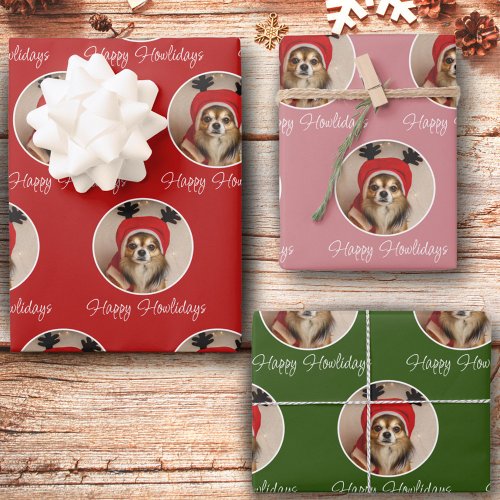 Happy Howlidays Red Green Pink Dog Pet Photo Wrapping Paper Sheets