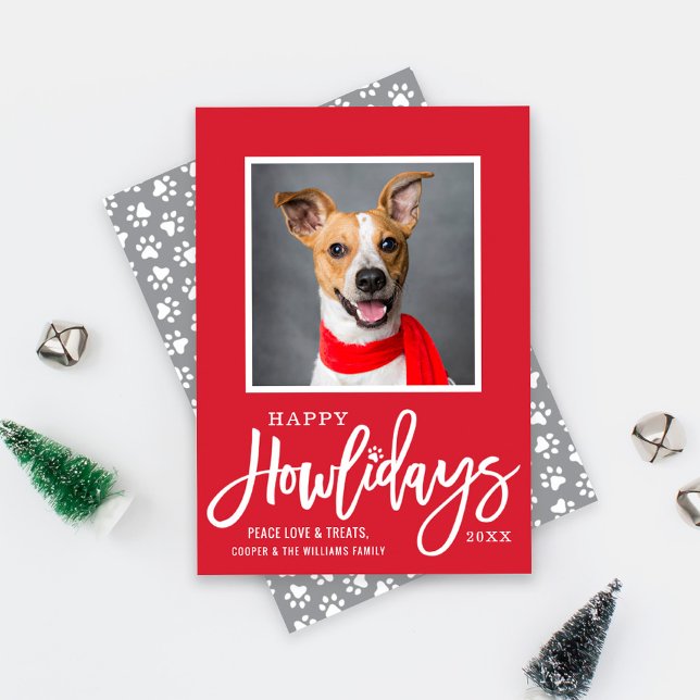Happy Howlidays Red Paw Print Pet Photo Holiday Card (Creator Uploaded)