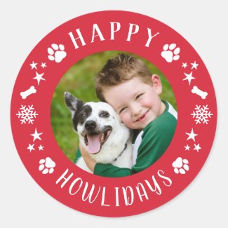 Happy Howlidays Red Pet Dog Photo Classic Round Sticker