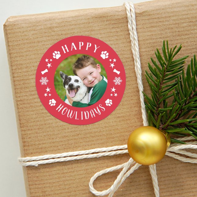 Happy Howlidays Red Pet Dog Photo Classic Round Sticker (Creator Uploaded)