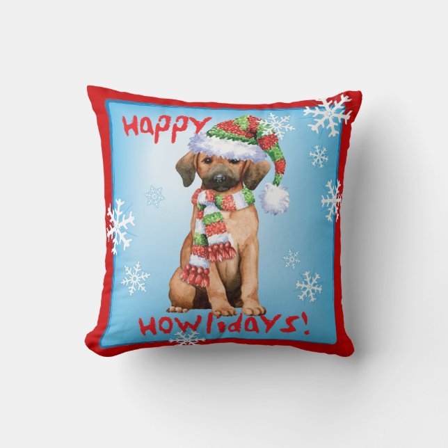 Happy Howlidays Redbone Throw Pillow (Front)