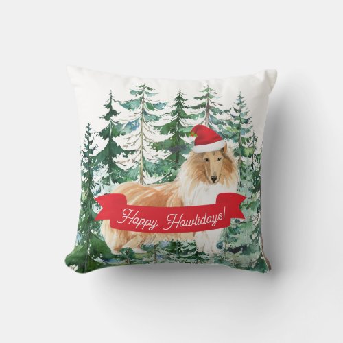 Happy Howlidays Rough Collie Dog Christmas Throw Pillow