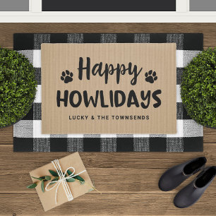 Happy Howlidays Rustic Tan Pet Family Name Doormat