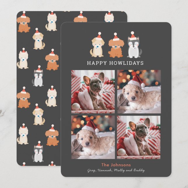 Happy Howlidays Santa Puppies Cream 4 Photos Gray Holiday Card (Front/Back)