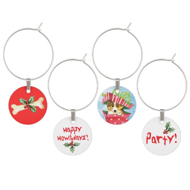Happy Howlidays Sheltie Wine Glass Charm (Staggered)