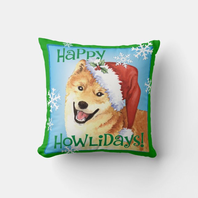 Happy Howlidays Shiba Inu Throw Pillow (Front)