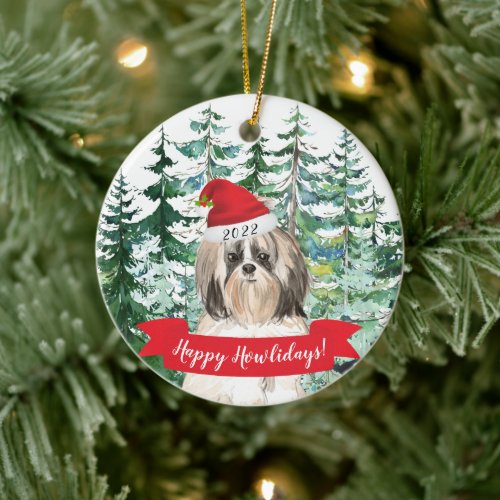 Happy Howlidays Shih tzu Longer Hair Dog Christmas Ceramic Ornament