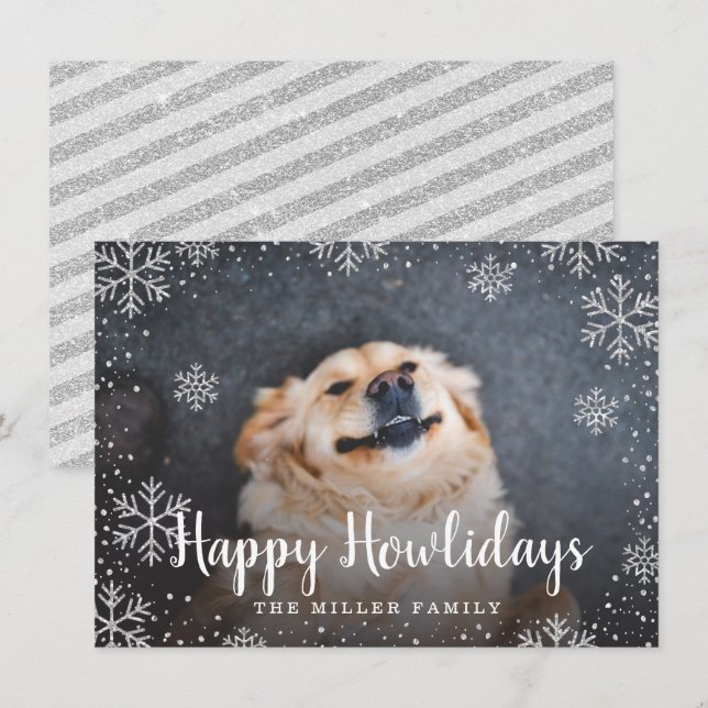 Happy Howlidays Silver Snowflakes Pet Photo Invitation (Front/Back)