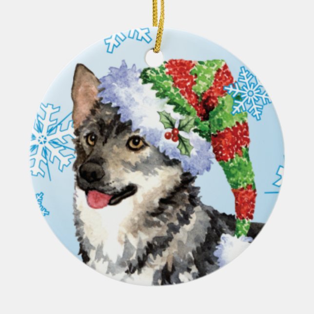 Happy Howlidays Swedish Vallhund Ceramic Ornament (Front)