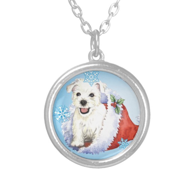 Happy Howlidays Westie Silver Plated Necklace (Front)