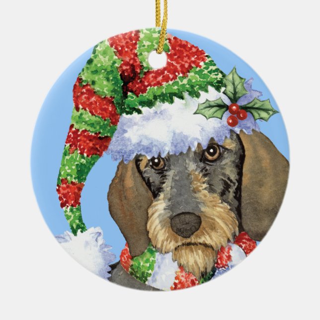 Happy Howlidays Wirehaired Dachshund Ceramic Ornament (Front)