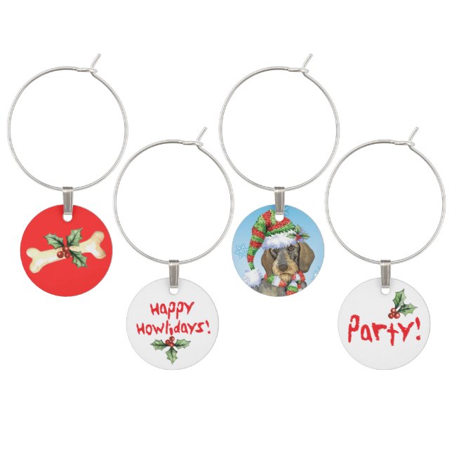 Happy Howlidays Wirehaired Dachshund Wine Glass Charm (Staggered)
