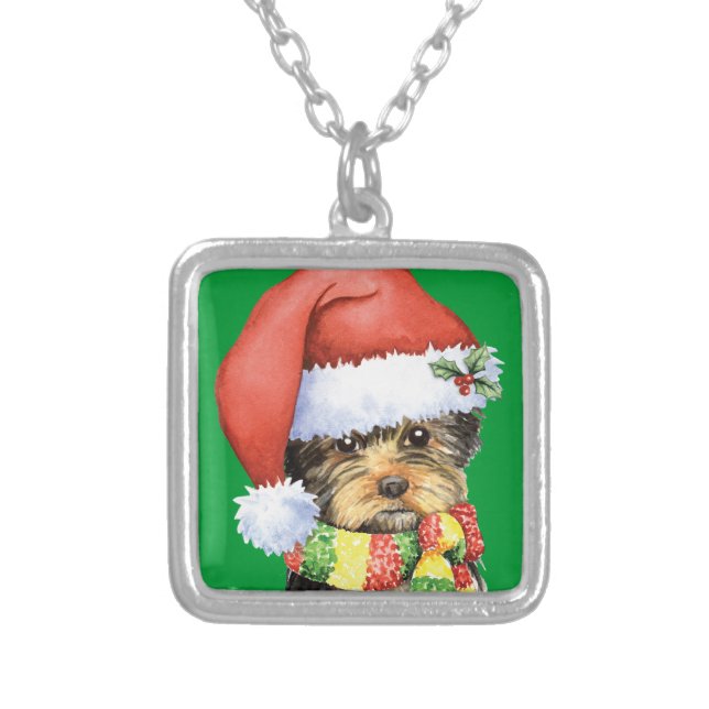 Happy Howlidays Yorkie Silver Plated Necklace (Front)