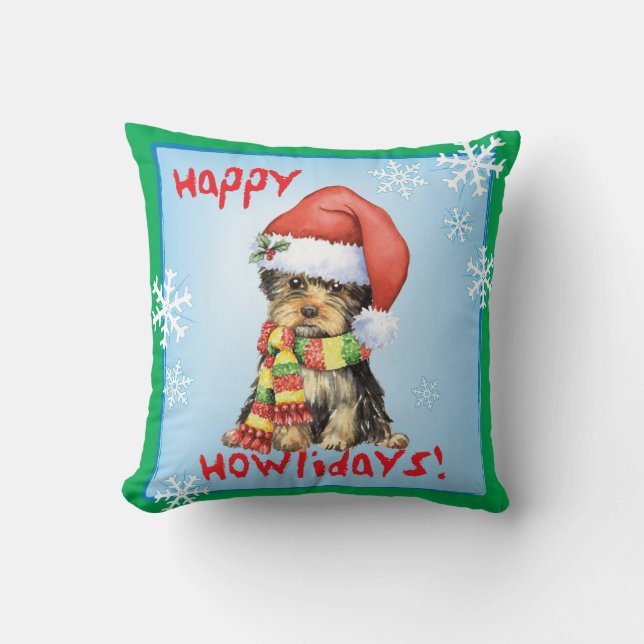 Happy Howlidays Yorkie Throw Pillow (Front)