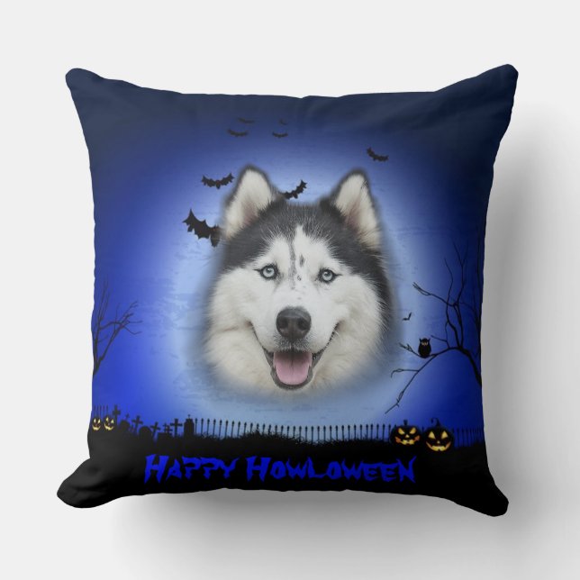 Happy Howloween Husky Throw Pillow (Front)