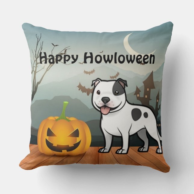 Happy Howloween Staffordshire Bull Terrier Throw Pillow (Front)