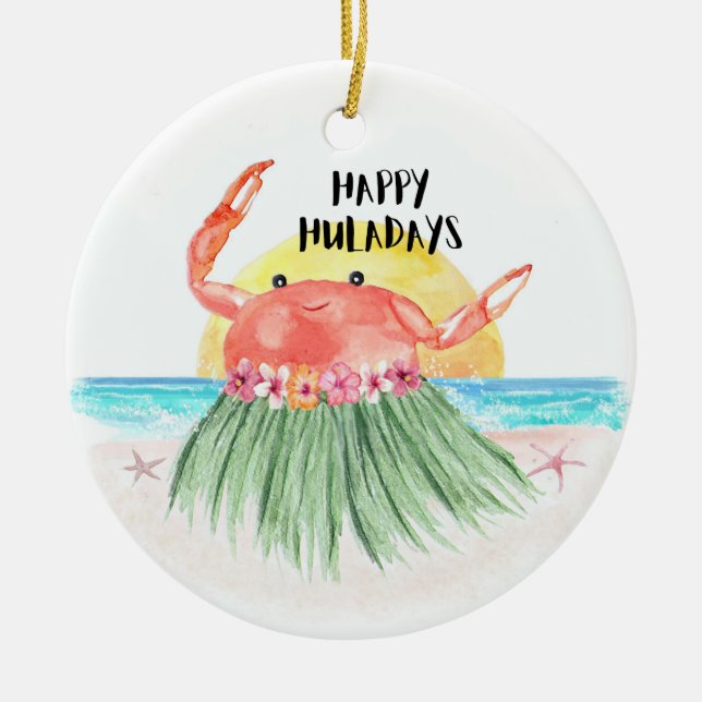 Happy Huladays Crab Tropical Beach Christmas Ceramic Ornament (Front)