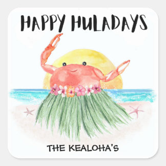 Happy Huladays Crab Tropical Beach Christmas Square Sticker
