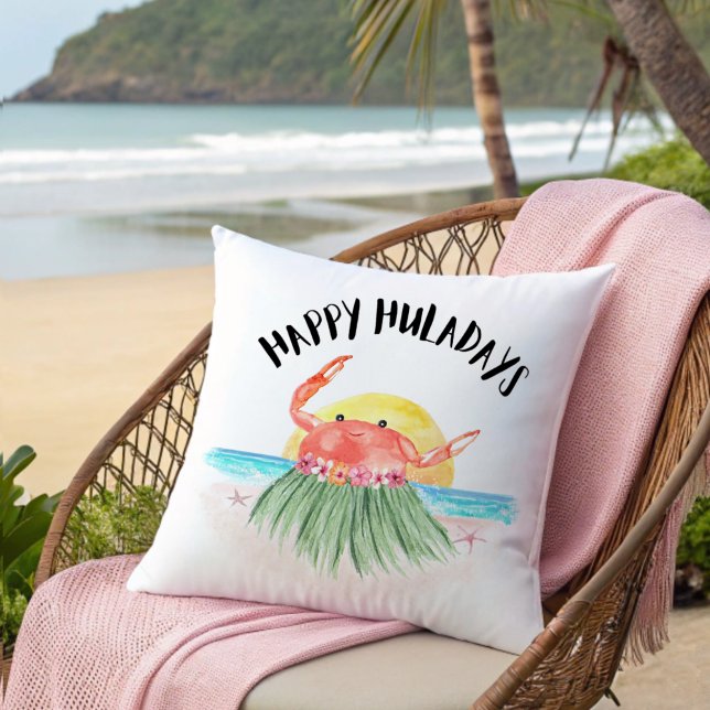 Happy Huladays Crab Tropical Beach Christmas Throw Pillow (Creator Uploaded)
