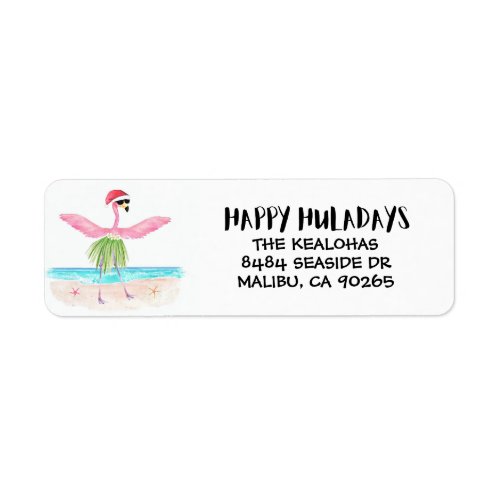 Happy Huladays Flamingo Santa Tropical Christmas Label