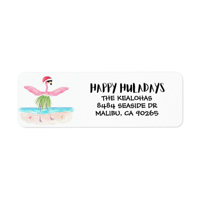 Happy Huladays Flamingo Santa Tropical Christmas Label (Front)