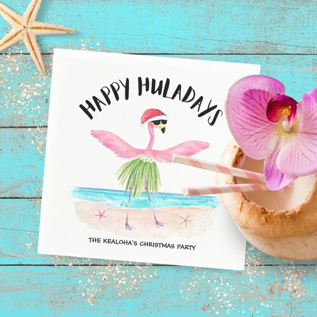 Happy Huladays Flamingo Tropical Beach Christmas Napkins (Creator Uploaded)
