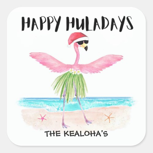 Happy Huladays Flamingo Tropical Beach Christmas Square Sticker