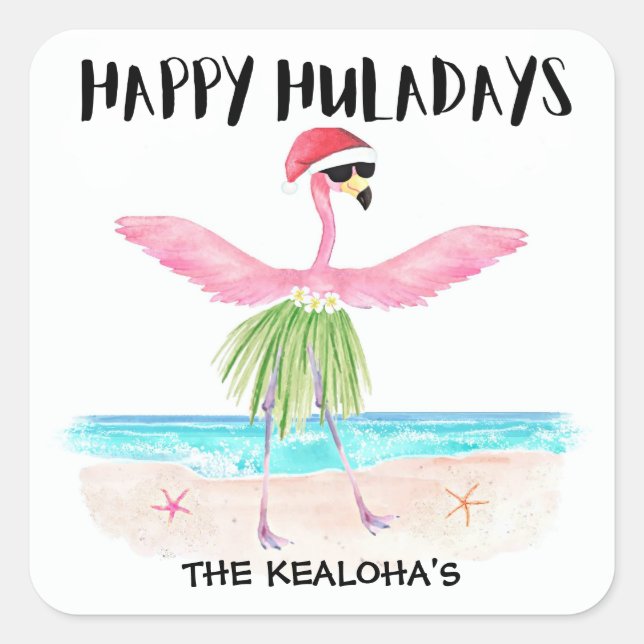 Happy Huladays Flamingo Tropical Beach Christmas Square Sticker (Front)