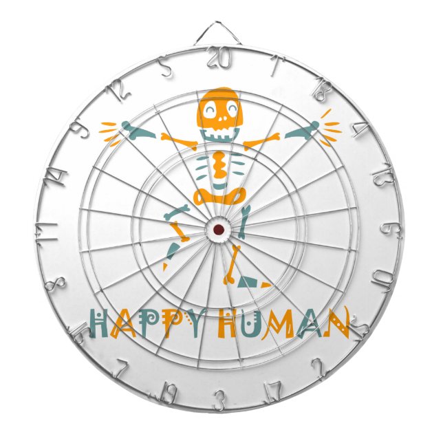Happy human skeleton ceramic tile dart board (Front)